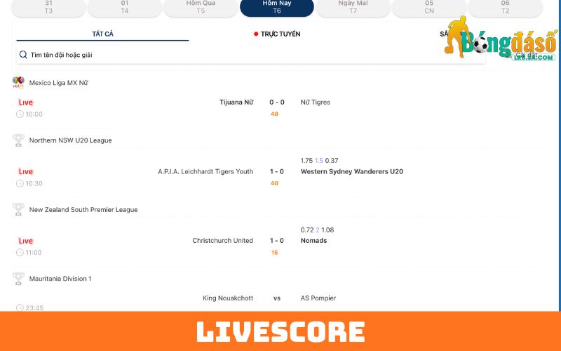 livescore tại bongdaso